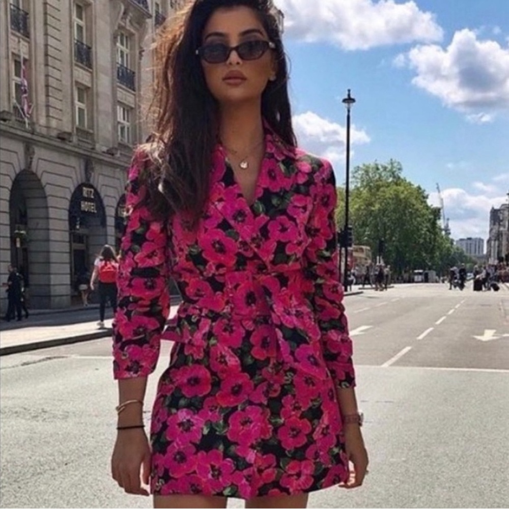 Zara Pink Poppy Floral Print Blazer Dress Size S